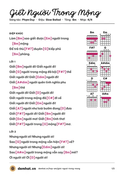 Hợp âm Giết Người Trong Mộng (Ngọc Lan) – bản nhạc PDF trang 1, tông Bm