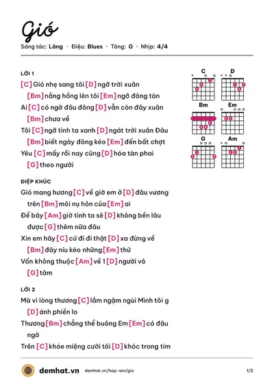 Hợp âm Gió (JANK) – bản nhạc PDF trang 1, tông G