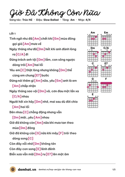 Hợp âm Giờ Đã Không Còn Nữa (Nguyên Khang) – bản nhạc PDF trang 1, tông Am
