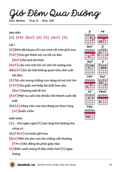Hợp âm Gió Đêm Qua Đường (Chu Thúy Quỳnh) – bản nhạc PDF trang 1, tông D