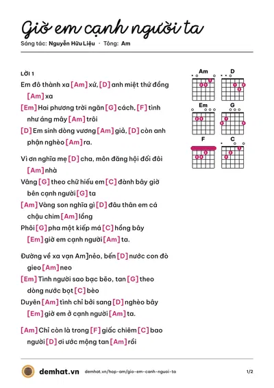 Hợp âm Giờ em cạnh người ta (Ngọc Trân) – bản nhạc PDF trang 1, tông Am