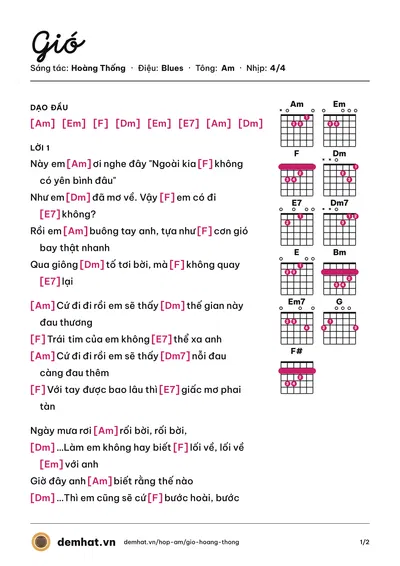 Hợp âm Gió (Hoàng Thống) – bản nhạc PDF trang 1, tông Am