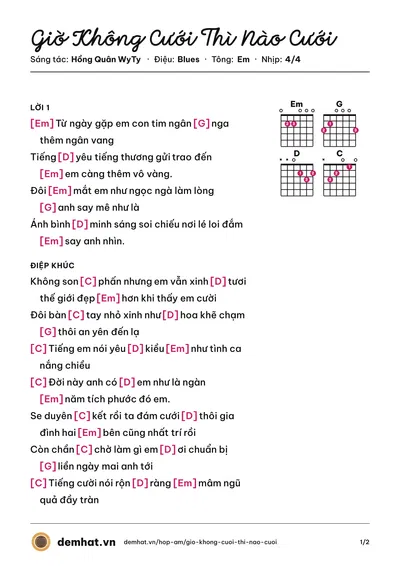 Hợp âm Giờ Không Cưới Thì Nào Cưới (Hồng Quân WyTy) – bản nhạc PDF trang 1, tông Em