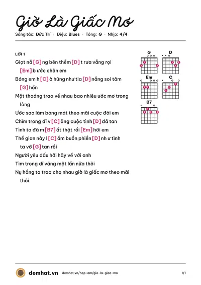 Hợp âm Giờ Là Giấc Mơ (Lam Trường) – bản nhạc PDF trang 1, tông G