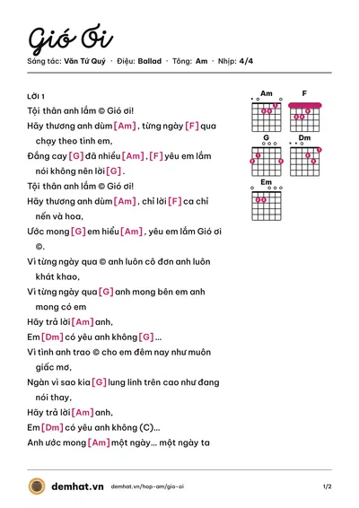 Hợp âm Gió Ơi (Văn Tứ Quý) – bản nhạc PDF trang 1, tông Am