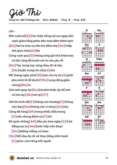 Hợp âm Giờ Thì (Bùi Trường Linh) – bản nhạc PDF trang 1, tông D