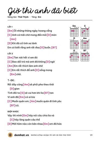 Hợp âm Giờ thì anh đã biết (Thái Thịnh) – bản nhạc PDF trang 1, tông Em