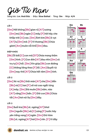 Hợp âm Giờ Tử Nạn (Lm. JB. Nguyễn Sang) – bản nhạc PDF trang 1, tông Dm