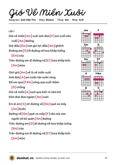 Hợp âm Gió Về Miền Xuôi (Long Nhật) – bản nhạc PDF trang 1, tông Am