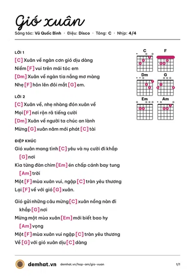 Hợp âm Gió xuân (Vũ Quốc Bình) – bản nhạc PDF trang 1, tông C