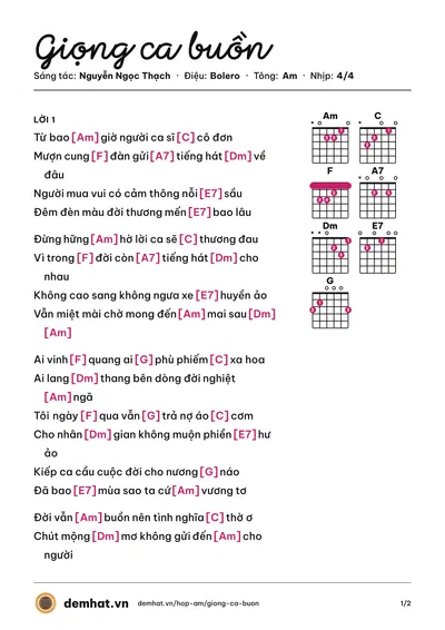 Hợp âm Giọng ca buồn (Nguyễn Ngọc Thạch) – bản nhạc PDF trang 1, tông Am