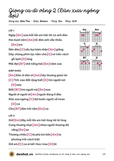 Hợp âm Giọng ca dĩ vãng 2 (Đàn xưa ngóng đợi) (Chế Linh) – bản nhạc PDF trang 1, tông Em