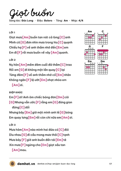 Hợp âm Giọt buồn (Đức Long) – bản nhạc PDF trang 1, tông Am