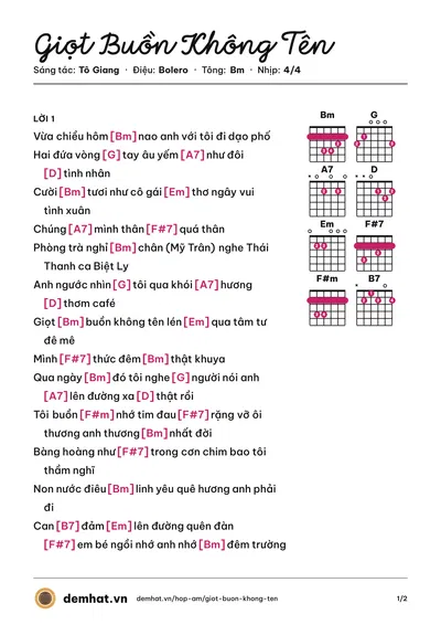 Hợp âm Giọt Buồn Không Tên (Quỳnh Dung) – bản nhạc PDF trang 1, tông Bm