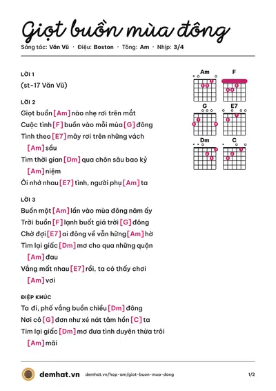 Hợp âm Giọt buồn mùa đông (Văn Vũ) – bản nhạc PDF trang 1, tông Am