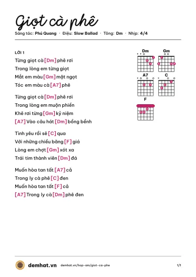 Hợp âm Giọt cà phê (Nguyên Khang) – bản nhạc PDF trang 1, tông Dm