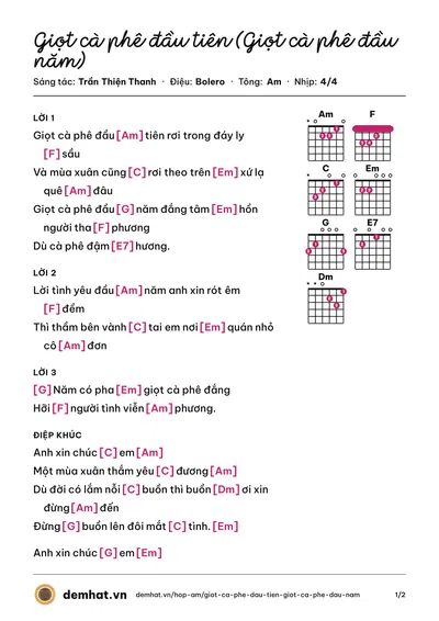 Hợp âm Giọt cà phê đầu tiên (Giọt cà phê đầu năm) (Trường Vũ) – bản nhạc PDF trang 1, tông Am