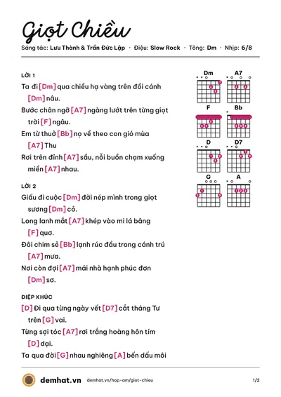 Hợp âm Giọt Chiều (Lưu Thành) – bản nhạc PDF trang 1, tông Dm