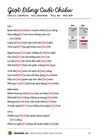 Hợp âm Giọt Đắng Cuối Chiều (Lâm Hạ Ca) – bản nhạc PDF trang 1, tông Am