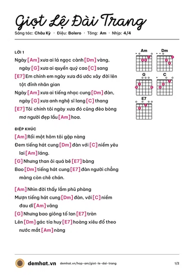 Hợp âm Giọt Lệ Đài Trang (Đàm Vĩnh Hưng) – bản nhạc PDF trang 1, tông Am