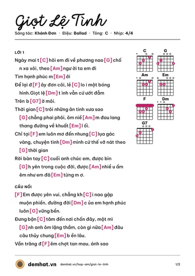 Hợp âm Giọt Lệ Tình (Trí Hải) – bản nhạc PDF trang 1, tông C