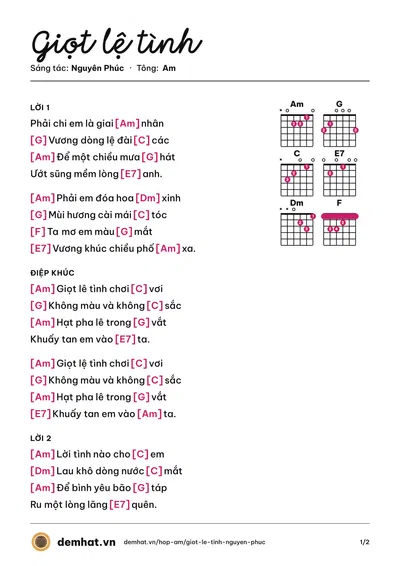 Hợp âm Giọt lệ tình (Tú Lệ) – bản nhạc PDF trang 1, tông Am