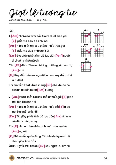 Hợp âm Giọt lệ tương tư (Khúc Lan) – bản nhạc PDF trang 1, tông Am