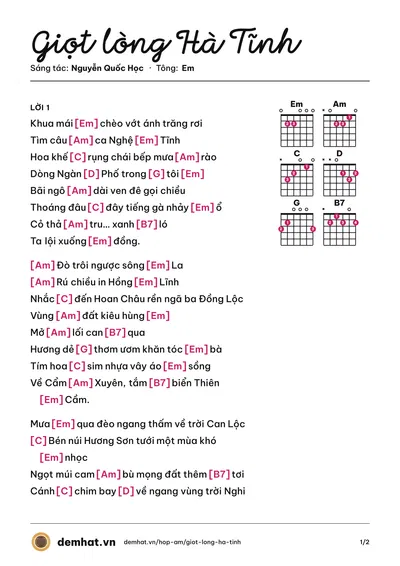 Hợp âm Giọt lòng Hà Tĩnh (Phương Nhung) – bản nhạc PDF trang 1, tông Em