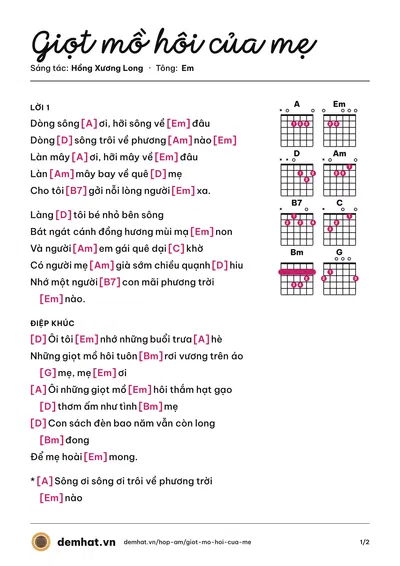Hợp âm Giọt mồ hôi của mẹ (Hồng Xương Long) – bản nhạc PDF trang 1, tông Em