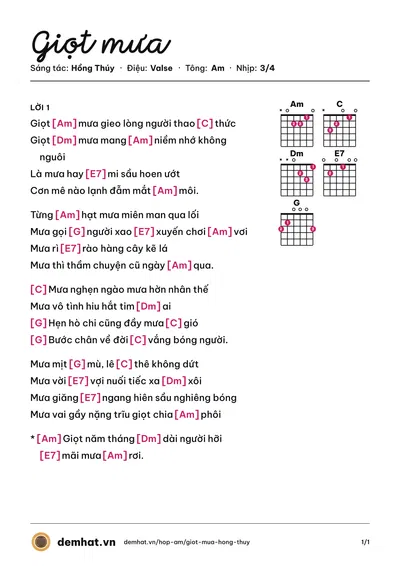 Hợp âm Giọt mưa (Ngọc My) – bản nhạc PDF trang 1, tông Am