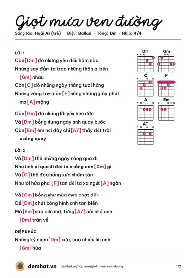 Hợp âm Giọt mưa ven đường (Lam Anh) – bản nhạc PDF trang 1, tông Dm