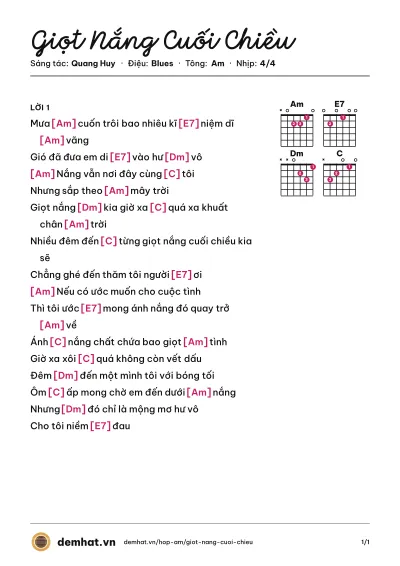 Hợp âm Giọt Nắng Cuối Chiều (Ưng Hoàng Phúc) – bản nhạc PDF trang 1, tông Am