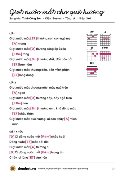 Hợp âm Giọt nước mắt cho quê hương (Khánh Ly) – bản nhạc PDF trang 1, tông A