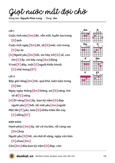 Hợp âm Giọt nước mắt đợi chờ (Nguyễn Phúc Long) – bản nhạc PDF trang 1, tông Am