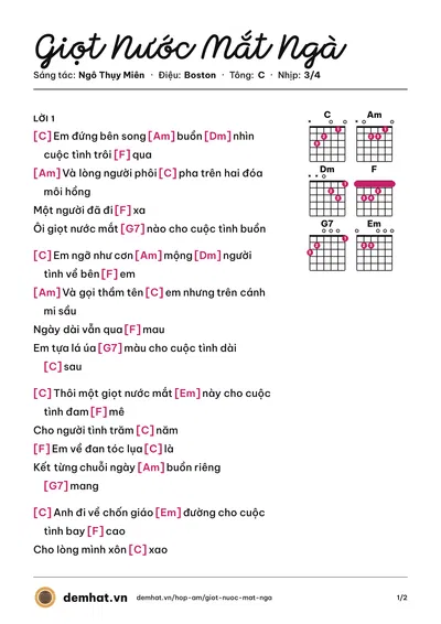 Hợp âm Giọt Nước Mắt Ngà (Ngọc Lan) – bản nhạc PDF trang 1, tông C