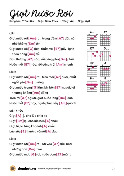 Hợp âm Giọt Nước Rơi (Anh Kim) – bản nhạc PDF trang 1, tông Am