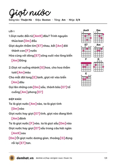 Hợp âm Giọt nước (Hương Giang) – bản nhạc PDF trang 1, tông Am