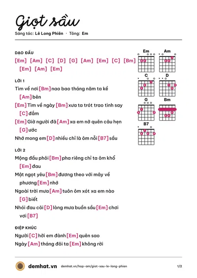 Hợp âm Giọt sầu (Duy Hồ) – bản nhạc PDF trang 1, tông Em
