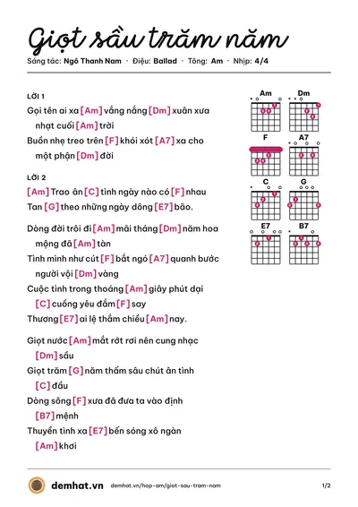 Hợp âm Giọt sầu trăm năm (Hoàng Nam) – bản nhạc PDF trang 1, tông Am