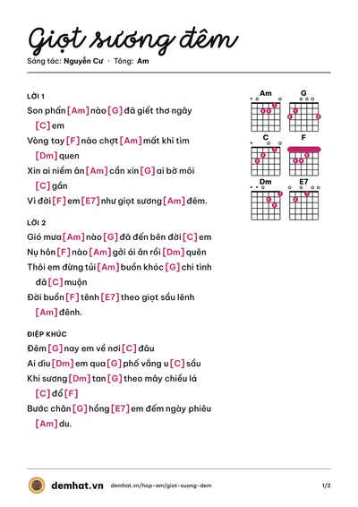 Hợp âm Giọt sương đêm (Nguyễn Cư) – bản nhạc PDF trang 1, tông Am
