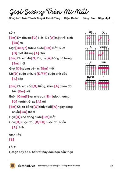 Hợp âm Giọt Sương Trên Mi Mắt (Hồng Nhung) – bản nhạc PDF trang 1, tông Em