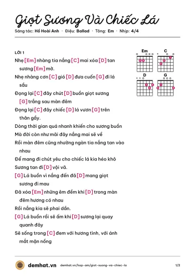 Hợp âm Giọt Sương Và Chiếc Lá (Lưu Hương Giang) – bản nhạc PDF trang 1, tông Em
