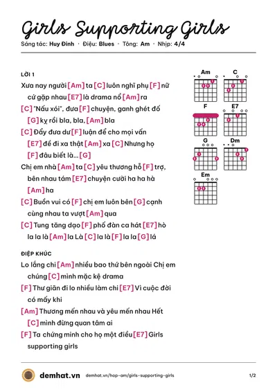 Hợp âm Girls Supporting Girls (Thu Ngọc) – bản nhạc PDF trang 1, tông Am