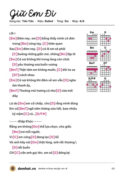 Hợp âm Giữ Em Đi (Thùy Chi) – bản nhạc PDF trang 1, tông Em