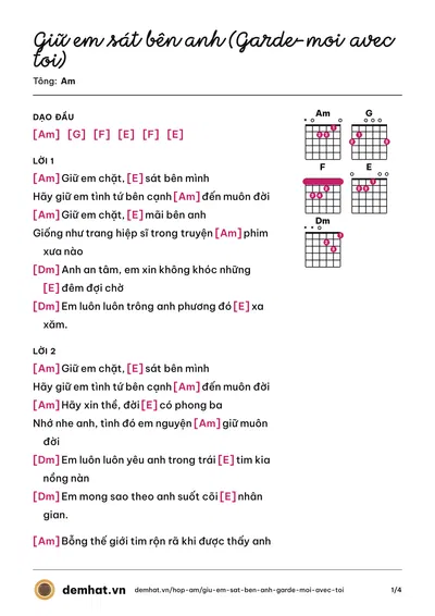 Hợp âm Giữ em sát bên anh (Garde-moi avec toi) (Kiều Nga) – bản nhạc PDF trang 1, tông Am