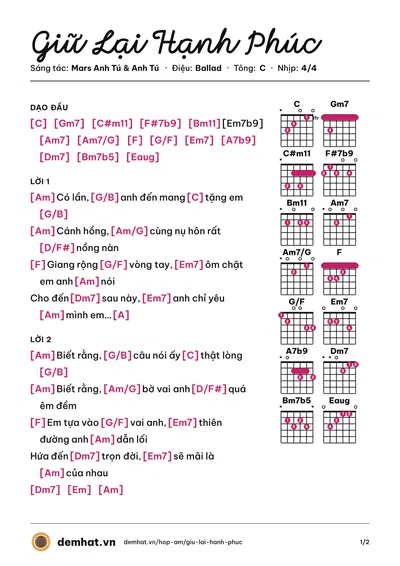 Hợp âm Giữ Lại Hạnh Phúc (Thùy Chi) – bản nhạc PDF trang 1, tông C