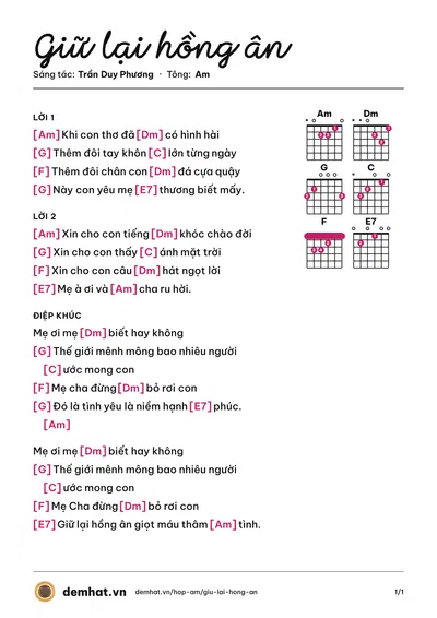 Hợp âm Giữ lại hồng ân (Diệu Hiền) – bản nhạc PDF trang 1, tông Am