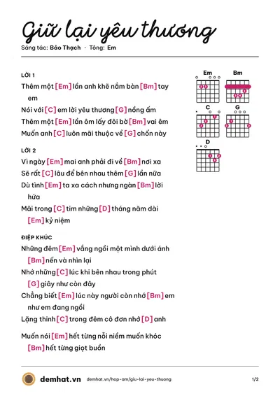 Hợp âm Giữ lại yêu thương (Bảo Thạch) – bản nhạc PDF trang 1, tông Em
