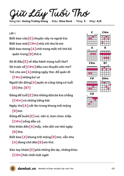 Hợp âm Giữ Lấy Tuổi Thơ (Dương Trường Giang) – bản nhạc PDF trang 1, tông E