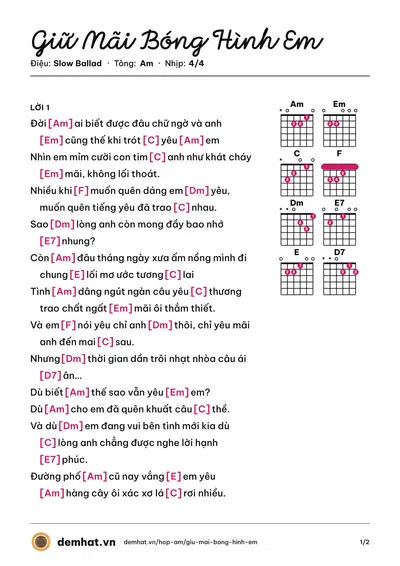Hợp âm Giữ Mãi Bóng Hình Em (Lam Trường) – bản nhạc PDF trang 1, tông Am
